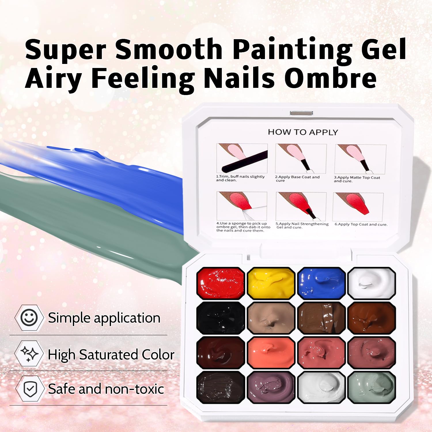 Sponge Pat Paint Nail Gel, Ombre Nails Gradient Gel Nail Blush Blooming Aura Nails Drawing Stripper Floral Painting DIY Nail Art, No Wipe, UV/LED Curing (16 Colors C)-Velvo Beauty