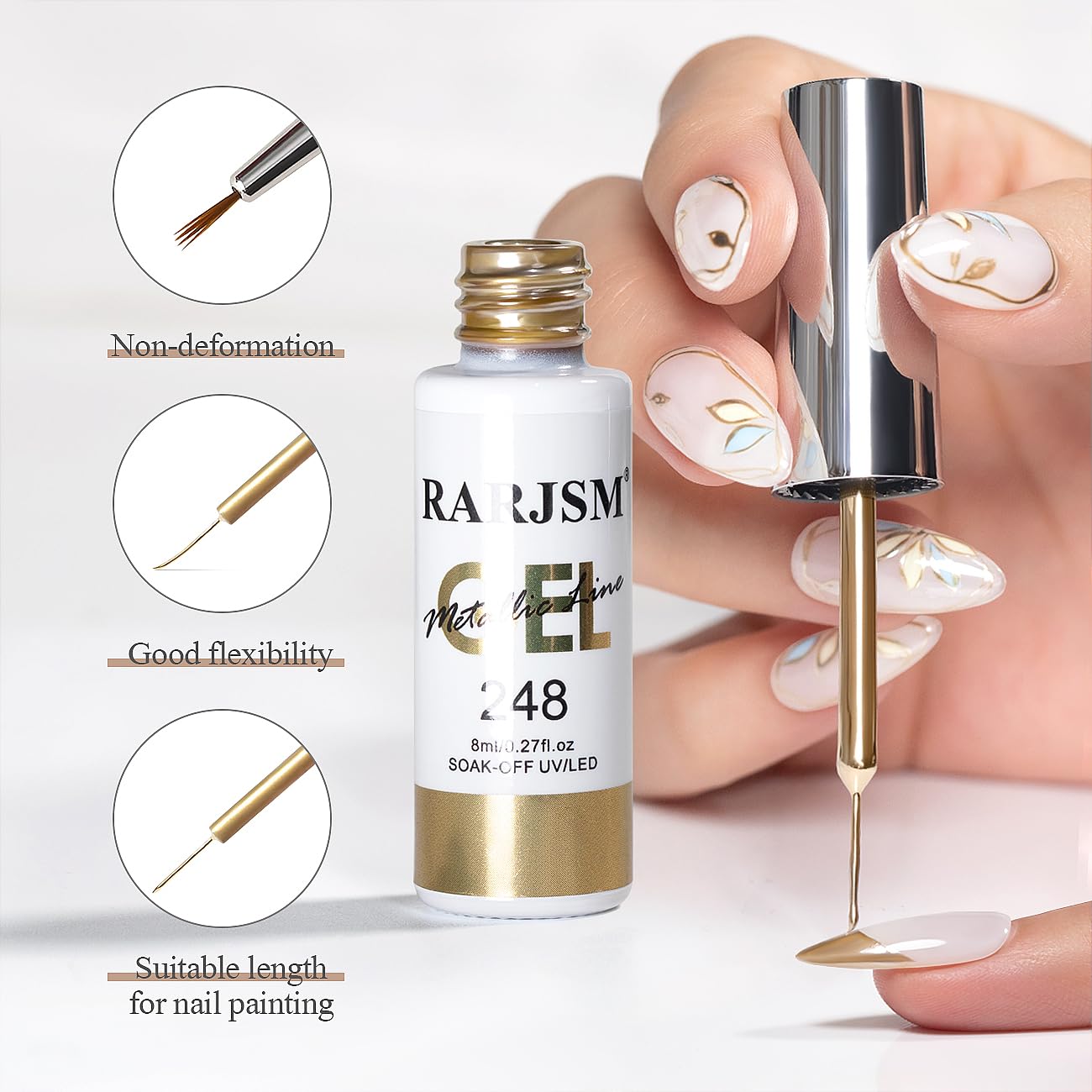 RARJSM Metallic Chrome Gel Liner Nail Art 3D Mirror Holographic Silver and Bronze Gold 2Pcs Set Gel Nail Polish 8ml Painting Build in Thin Brush Painted Drawing Striper GelPolish Curing Requires-Velvo Beauty