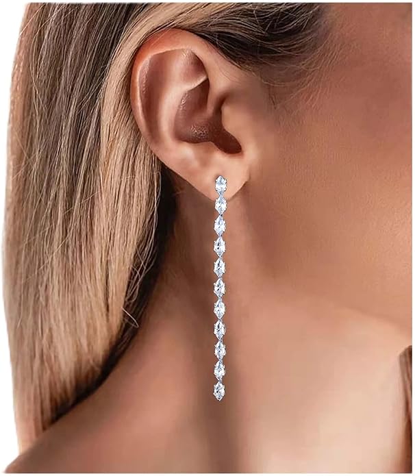 Vintage Rhinestone Chain Drop Earrings Silver Linear Crystal Earrings Sparkle Cz Tassel Earrings Long Cz Chain Stud Earrings Jewelry for Women and Girls-Velvo Beauty