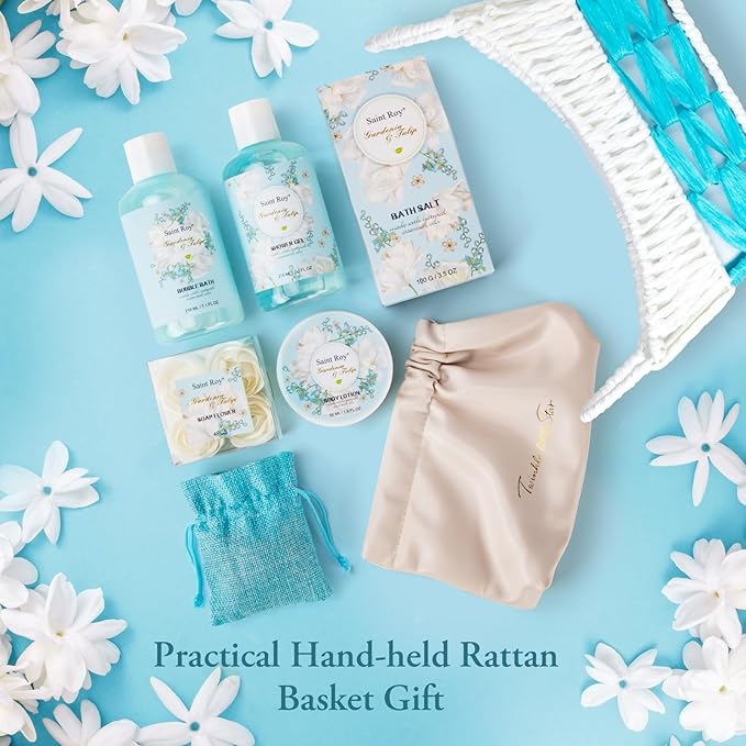 Mother's Day Gift for Mom Spa Gift Baskets for Women, Gardenia Tulip Home Spa Kit with Cosmetic Bag gift woman. Bath & Body Basket Set 8Pcs Bath and Body Gifts Set, Luxury Gift Basket-Velvo Beauty