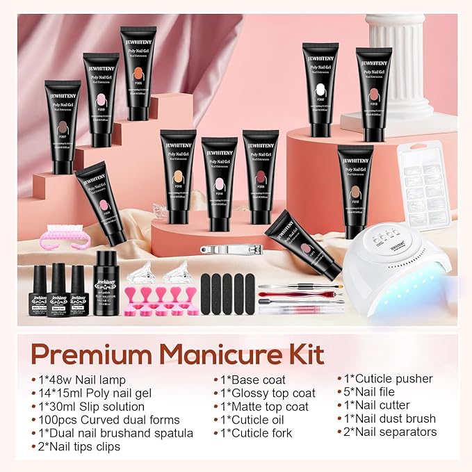 JEWHITENY Poly Extension Gel Kit With 48W LED Nail Lamp 14 Colors Builder Extension Gel All-in-One French Kit Nail Art Design Beginner Kit-Velvo Beauty