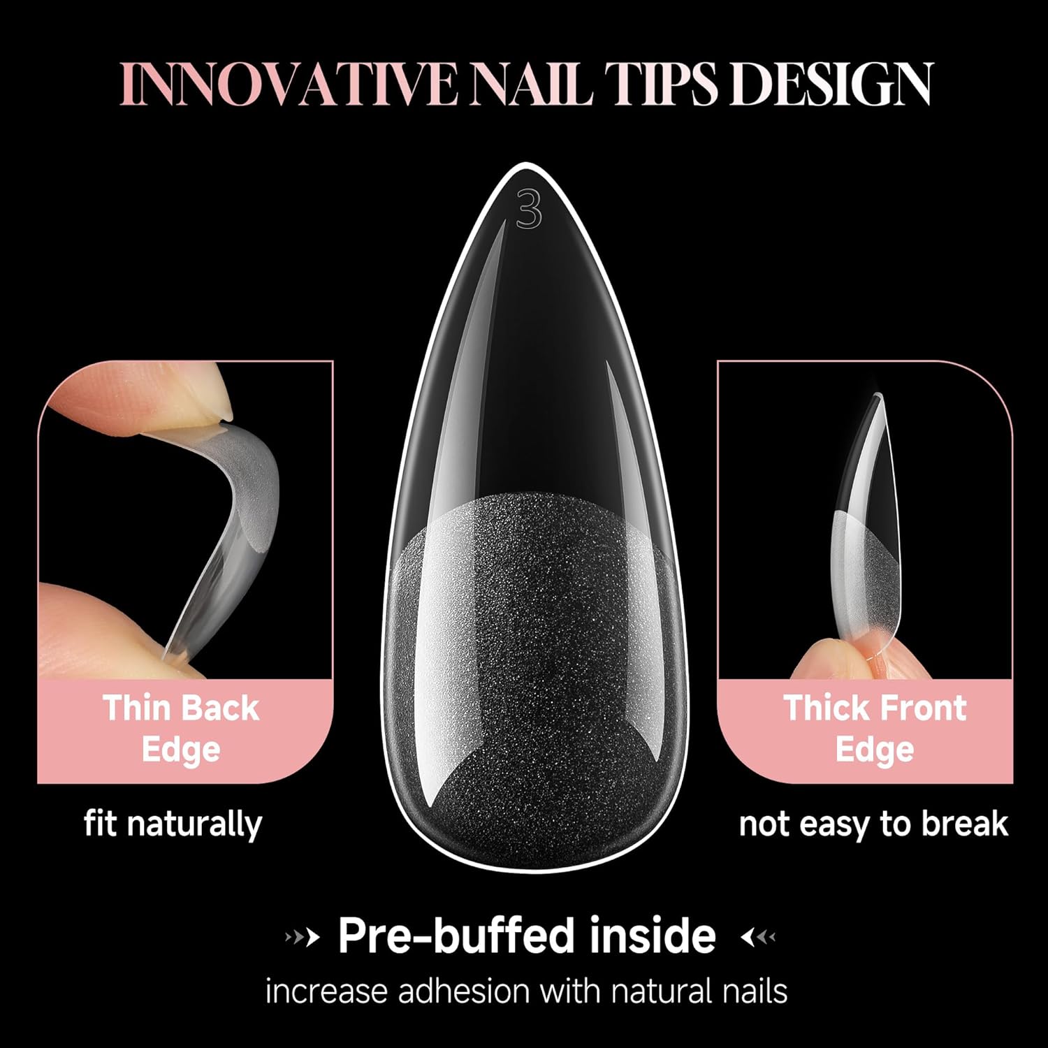 Long Almond Nail Tips: 504pcs Full Cover Soft Gel Nail Tips, 12 Sizes Pre-Etched Half Matte Almond Press on Nails No C Curve For Nail Extensions Home Salon-Velvo Beauty