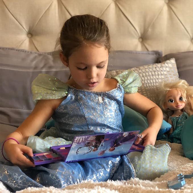 Disney Frozen Elsa Anna Cosmetic Compact Set with Mirror 22 lip glosses, 4 Body Shines, 6 Brushes Colorful Portable Foldable Washable Makeup Beauty Kit Box Set for Girls Kids Toddler-Velvo Beauty