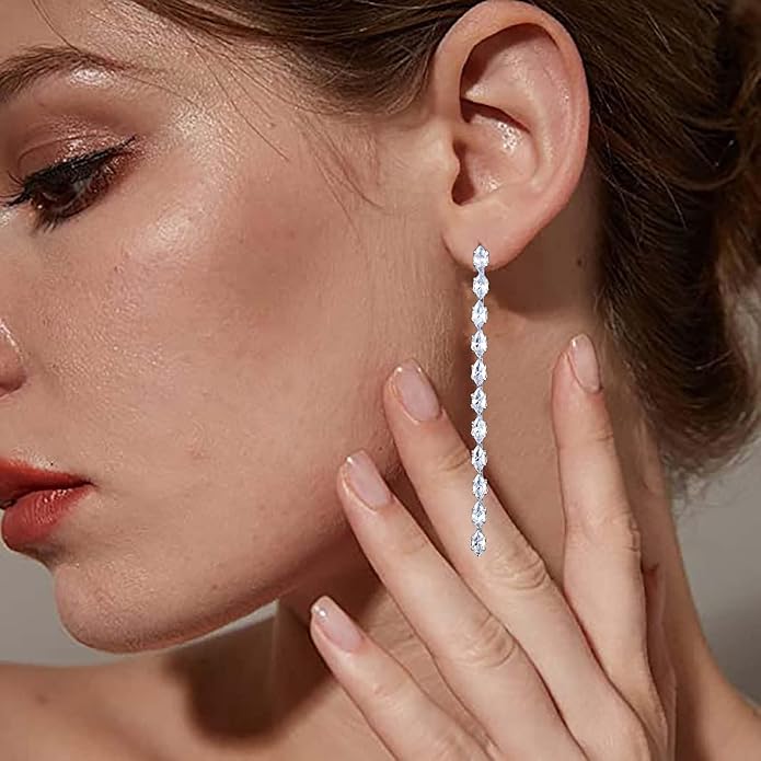 Vintage Rhinestone Chain Drop Earrings Silver Linear Crystal Earrings Sparkle Cz Tassel Earrings Long Cz Chain Stud Earrings Jewelry for Women and Girls-Velvo Beauty
