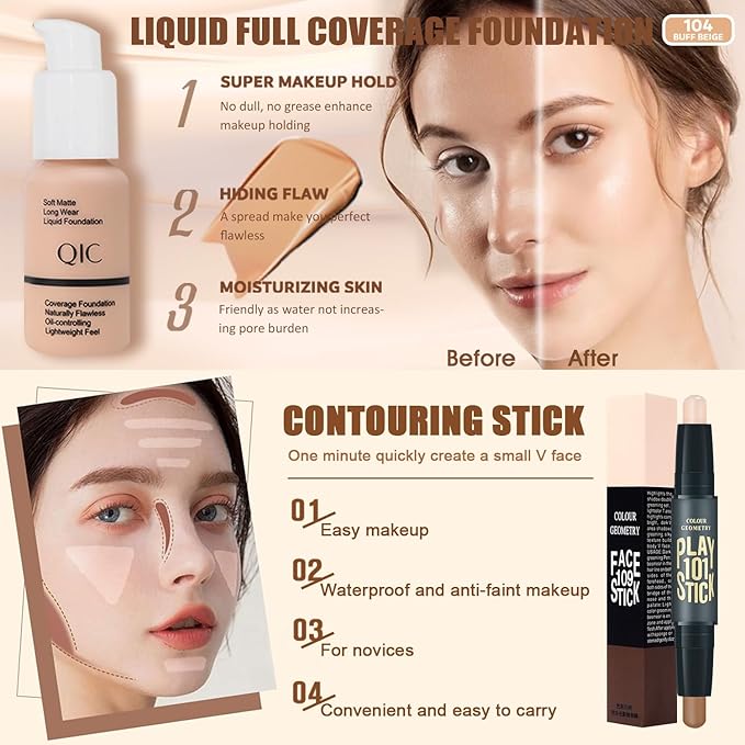 All in One Makeup Kit,Includes Naked Eyeshadow,Liquid Foundation,CC Cream,Lipstick Set,Mascara,Makeup Brush,Makeup Sponge,Eyebrow Powder,Eyebrow Soap,Eyeliner Stamp, Primer,Contour Stick,Cosmetic Bag-Velvo Beauty