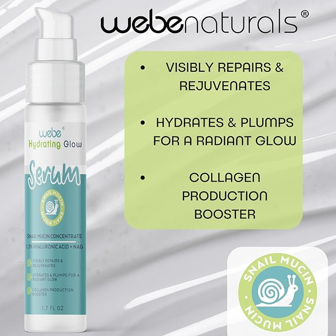 WEBE Naturals Snail Mucin 94% Hydrating Glow Serum | 1.3% Hyaluronic Acid & N-Acetyl Glucosamine | Collagen Boosting, Plumping, Anti Aging, Intense Moisturizing Serum for Radiant, Dewy Skin-Velvo Beauty