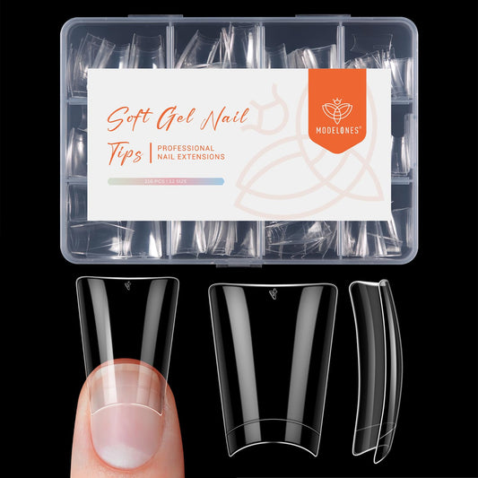modelones Duck Nail Tips, Short Flare Pre-Shape Half Cover Soft Gel Tips Wide Style Acrylic Fake Nails False Clear Press on Extension Gel Kit Manicure DIY at Home 216PCS 12Sizes-Velvo Beauty