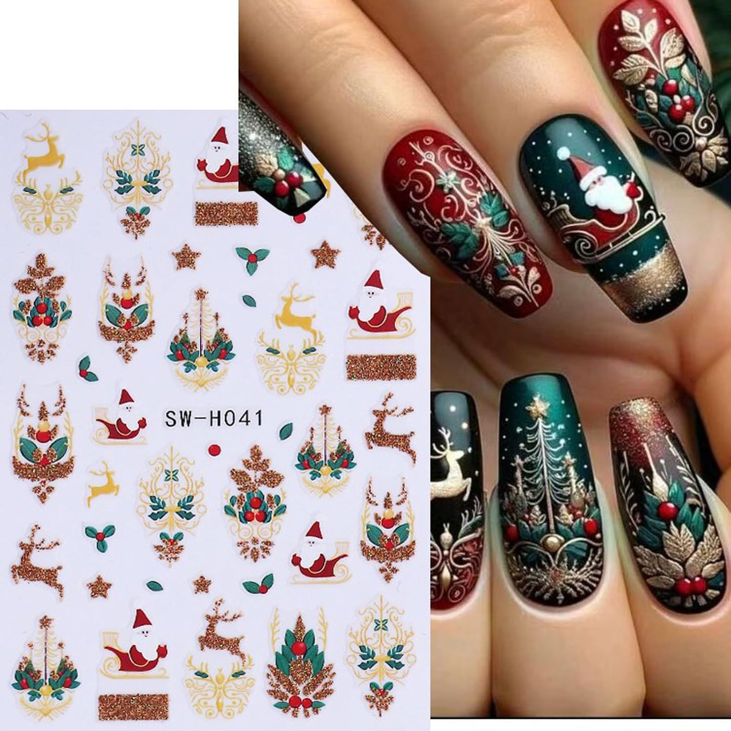 4Sheet Christmas Nail Art Stickers Santa Claus Elk Snowflake Nail Decals 3D Self-Adhesive Fireworks Clock Bow Designs Nail Supplies Winter Xmas Nail Sticker Nail Art for Women DIY New Year Nail Decor-Velvo Beauty