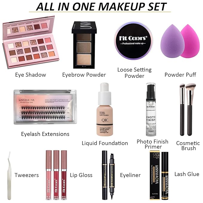All In One Makeup Essential Starter Kit for Beginners or Pros, 18 Colors Naked Eyeshadow Palette Nude Face Primer, Brush, Sponge, Eyebrow Powder, Winged Eyeliner Stamp (SetA)-Velvo Beauty