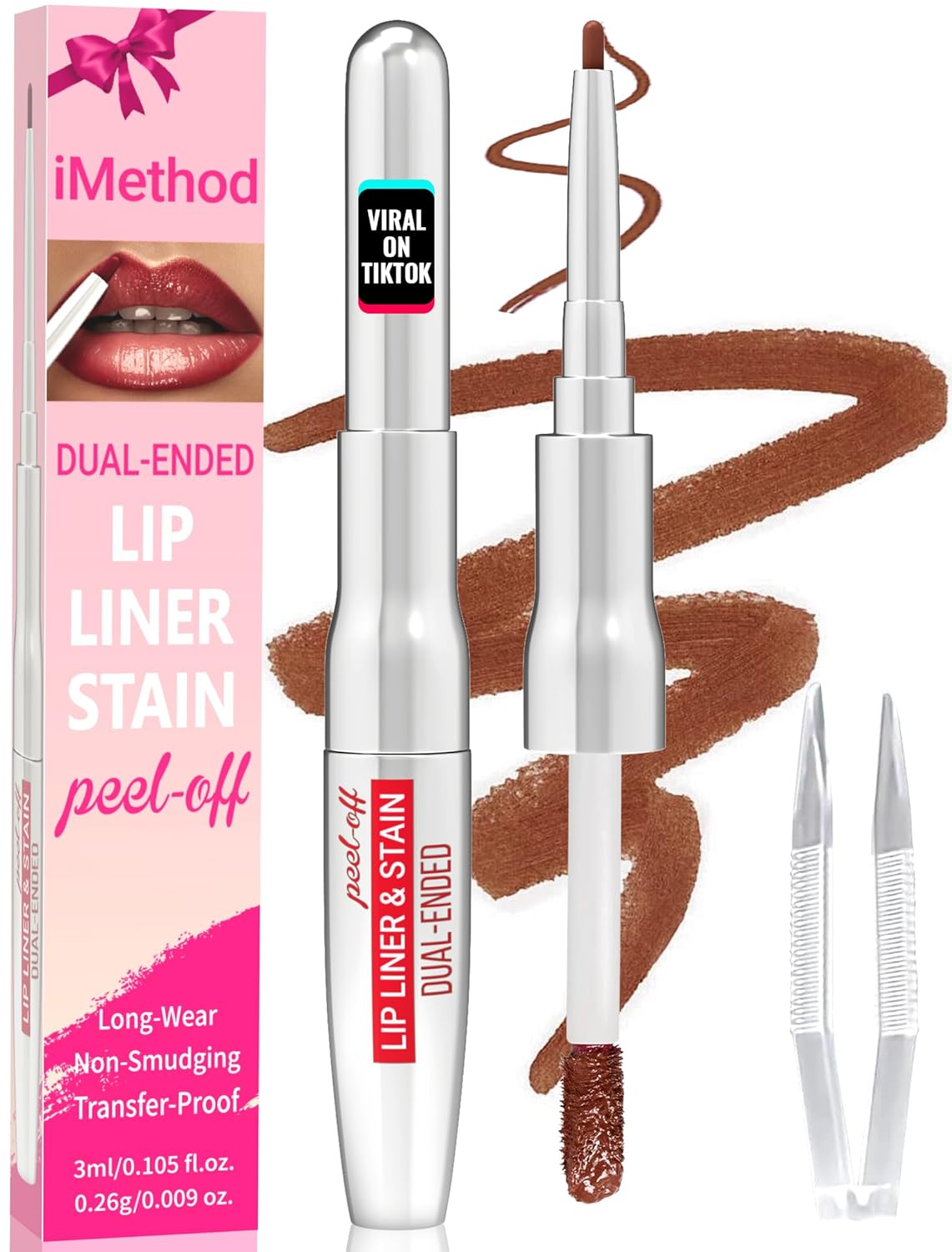 iMethod Lip Liner Stain - Lip Stain, 2-In-1 Dual-Ended Peel Off Lip Stain with Tweezer, Natural Long Lasting Peel Off Lip Liner, Easy to Use for All Skin Types, Stay All Day, Coffee-Velvo Beauty