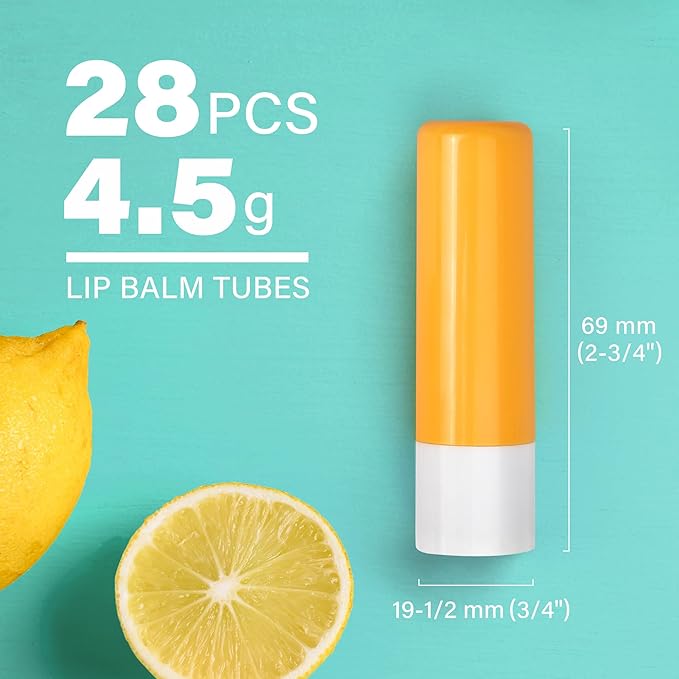 LotFancy Lip Balm Tubes Empty, 28Pcs 4.5ml Lip Balm Container Tubes with Yellow Caps, BPA Free & Leak Free, Refillable-Velvo Beauty