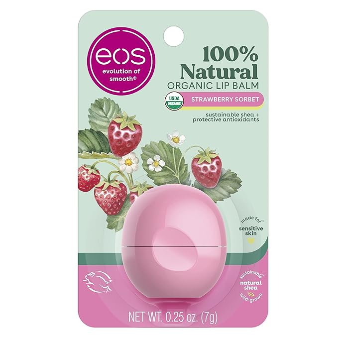 eos 100% Natural & Organic Lip Balm- Strawberry Sorbet, All-Day Moisture, Dermatologist Recommended for Sensitive Skin, Lip Care Products, 0.25 oz-Velvo Beauty
