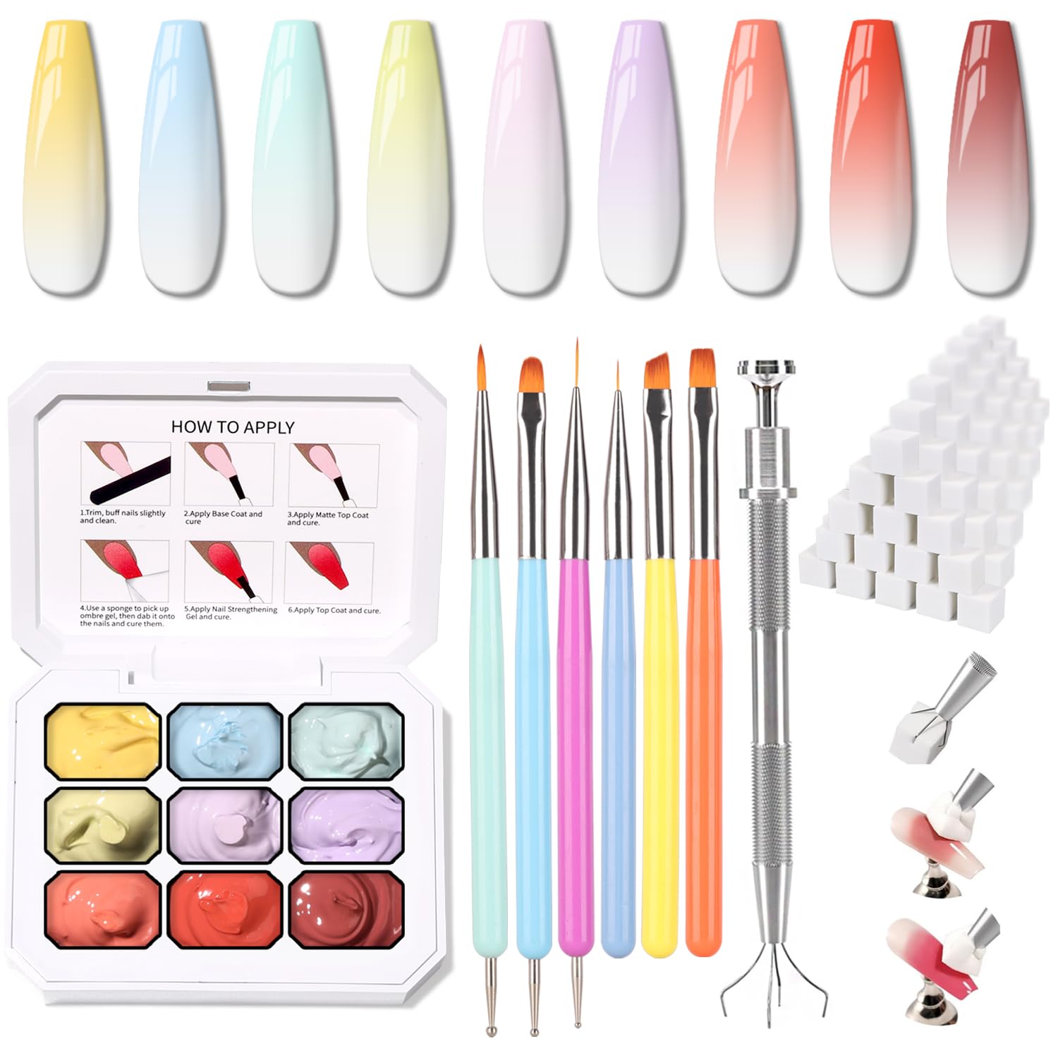 Sponge Pat Paint Nail Gel & Tools Kit, 9 Colors Ombre Nails Gradient Gel Nail Blush Blooming Aura Nails Drawing Stripper Floral Painting Nail Art, No Wipe, UV/LED Curing (9 Colors Set A)-Velvo Beauty