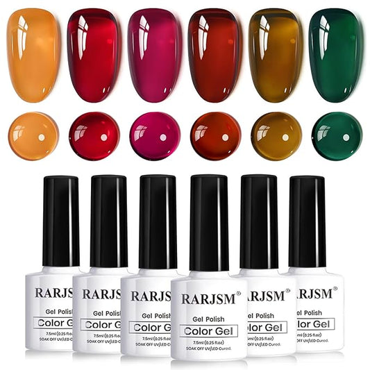 RARJSM Jelly Stained Glass Gel Nail Polish Set 6pcs Clear Amber Yellow Cherry Red Orange Olive Green Crystal Transparent Series Sheer Gel Varnish Curing Requires Soak off Home Salon French Manicure-Velvo Beauty