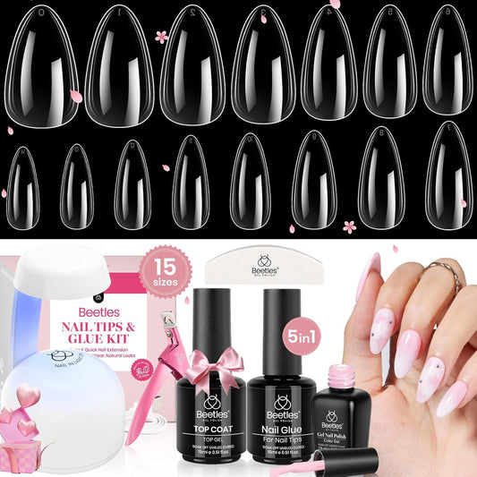 Beetles Gel Nail Kit Clear, Almond Medium, 600pcs 15 Sizes, with Pink Color Gel Top Coat 9 in 1 Glue Mini Nail Lamp, Fall Nails, Full Cover Easy Nail Extension Set for Home DIY Salon Gift for Women-Velvo Beauty