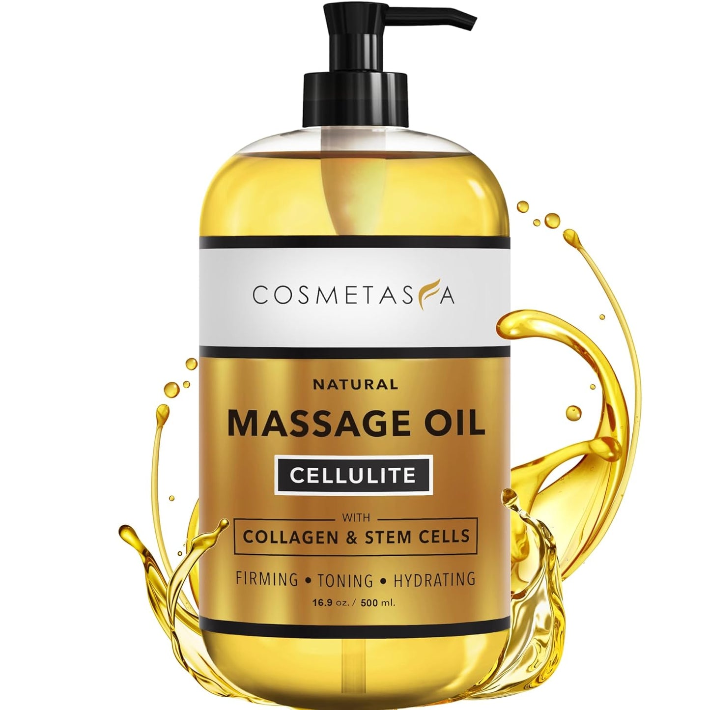 Large Cellulite Massage Oil with Collagen & Stem Cells- 100% Natural Cellulite Oil, Highly Absorbable, Deeply Penetrates The Skin- Firms, Tones, Tightens & Moisturizes Skin by Cosmetasa (16.9 oz)-Velvo Beauty