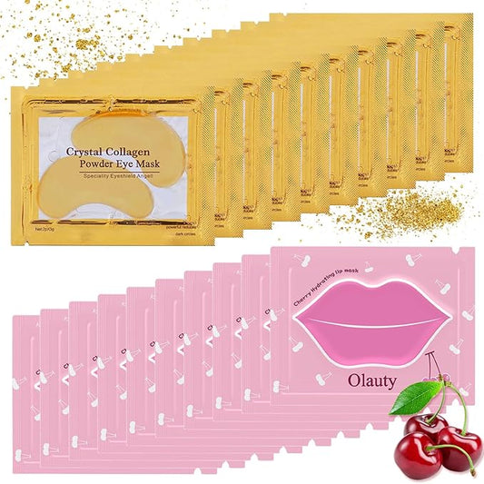 20 Pieces Lip Masks&24K Gold Gel Eye Masks,Crystal Collagen Under Eye Masks,Moisturizing Cherry Lip Patches Skin Care,Reducing Fine Lines & Dark Circle for Puffy Eyes,Birthday for Women-Velvo Beauty