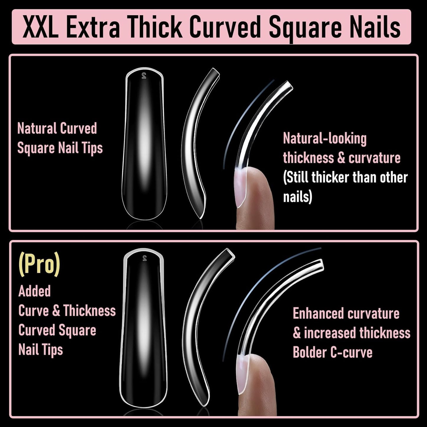 Curved Nail Tips Square Press on Full Cover Thicker Extra Curve Gel x Thick Long Acrylic Fake Nails, Clear Hard Gel French XXL False Nails for Nail Extension 12 Sizes 240 Pcs Q54 Pro-Velvo Beauty