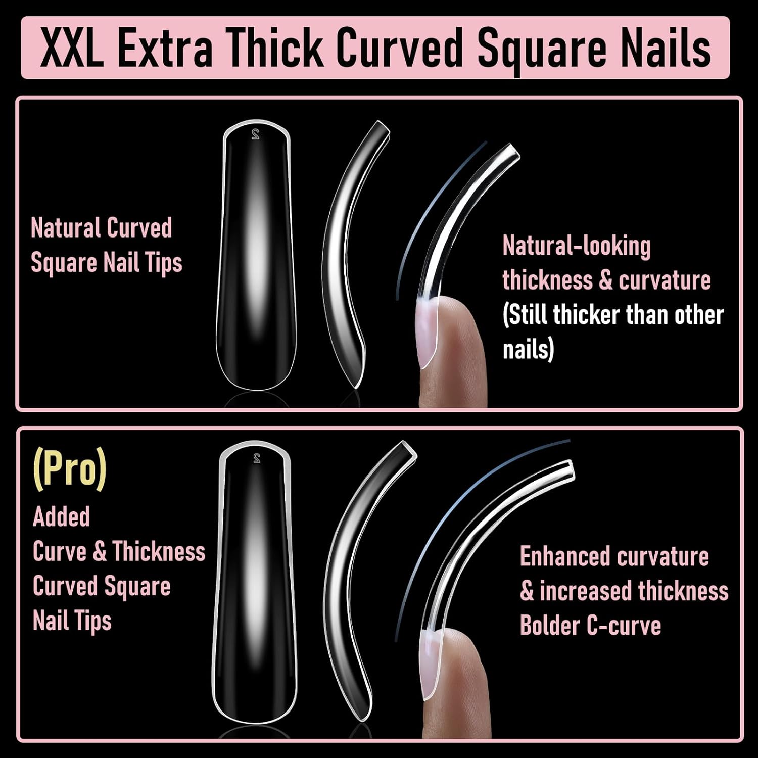Curved Nail Tips Square Press on Full Cover Thicker Extra Curve Gel x Thick Long Acrylic Fake Nails, Clear Hard Gel French XXL False Nails for Nail Extension 12 Sizes 240 Pcs Q54 Pro-Velvo Beauty