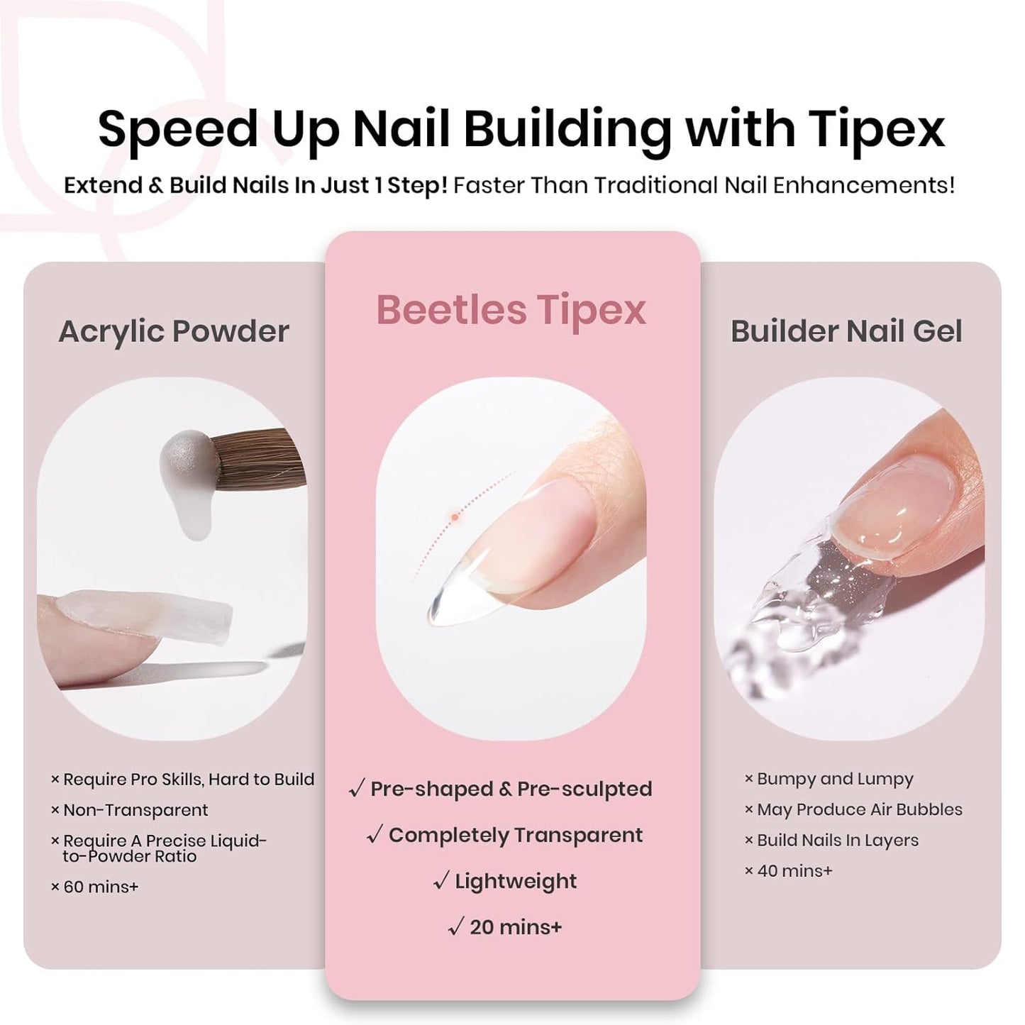 Beetles Tipex Instant Apex Nail Tips, Medium Oval Almond Acrylic Nails 192 Pcs Pre-Building Pre-Etched Thicker Gel Nail Tips - 16 Sizes Strong Full Cover False Nail-Velvo Beauty
