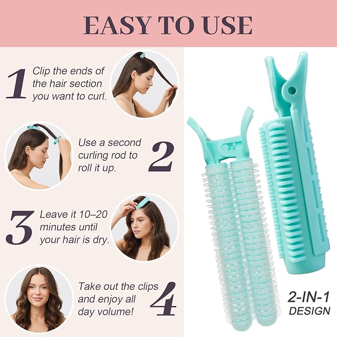 4PCS Volumizing Hair Clips for Root Lift & Volume - Instant Bangs Roller Clips for Effortless Curls & Lift - Velcro Rollers For Hair - Hair Rollers For Women - Cyan-Velvo Beauty