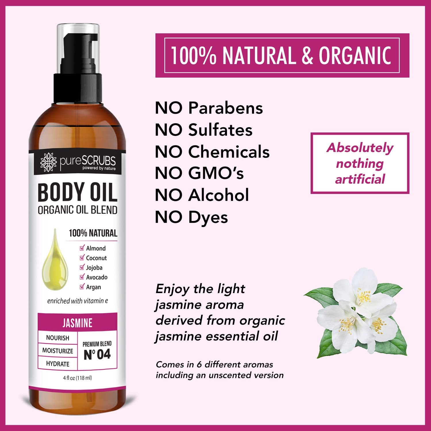 pureSCRUBS Ultra Moisturizing Jasmine Body Oil Spray for Dry Skin, Massage, Cuticles & More - Organic Super Blend of Jojoba, Argan, Coconut, Sweet Almond & Avocado Enriched with Vitamin E, Lg 4oz-Velvo Beauty