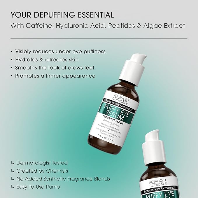 Advanced Clinicals Puffy Eye Under Eye Serum | Visible Anti Aging Brightening Vitamin C + Caffeine Serum Helps Improve Look Of Puffiness, Fine Lines, Dark Circles, & Uneven Skin Tone, 2-Pack-Velvo Beauty