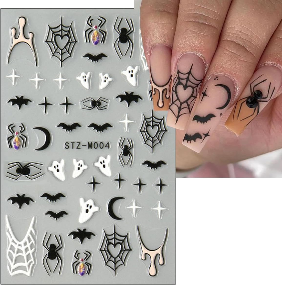 6Pcs Halloween Nail Stickers for Nail Art, Bat Spiders Nail Art Stickers Spider Web Black Rose Skull Ghost Nails Design Decals Halloween Nail Supplies for Women DIY Manicure Decoration Accessories-Velvo Beauty