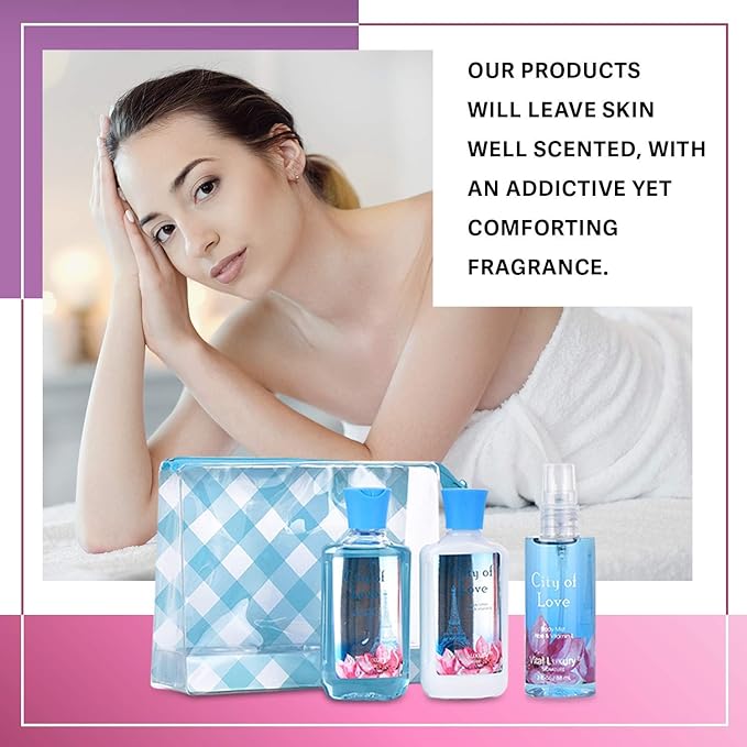 Bath & Body Care Travel Set - Home Spa Set with Body Lotion, Shower Gel and Fragrance Mist, Valentines Day Gifts for Her and Him(City of Love)-Velvo Beauty