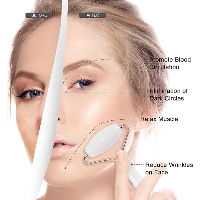 Jade Roller for Face, Facial Roller Massager Skin Care Tool, Gua Sha Facial Tools for Face, Neck, Eyes, Reduce Puffiness of The Skin - White-Velvo Beauty
