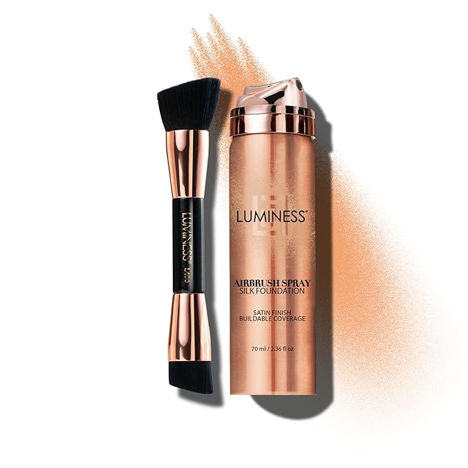 LUMINESS Silk Airbrush Spray Foundation & Buffing Brush Kit – Full Coverage Foundation & Dual-Sided Buffing Brush - Buildable Coverage, Anti-Aging Formula Hydrates & Moisturizes (Shade - Medium)-Velvo Beauty