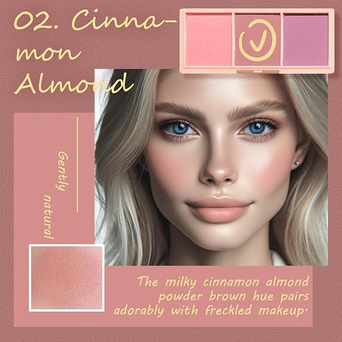 3 Color Matte Pink Blush Palette with Brush, Long Lasting Cheek Makeup, Light and Smooth Blush Powder for Face Beauty-Velvo Beauty