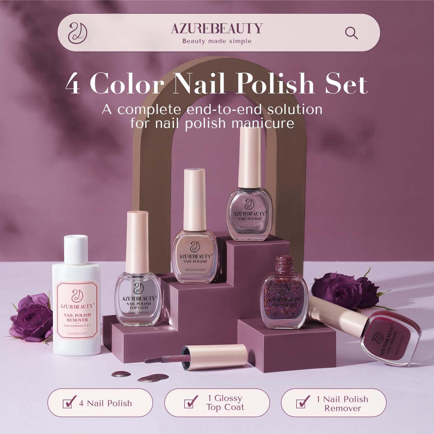 AZUREBEAUTY Nail Polish Set, 4 Colors Brown Purple Glitter Quick Dry Natural Nail Lacquer Strengthening Treatment Kit with Top Coat DIY Salon at Home-Velvo Beauty