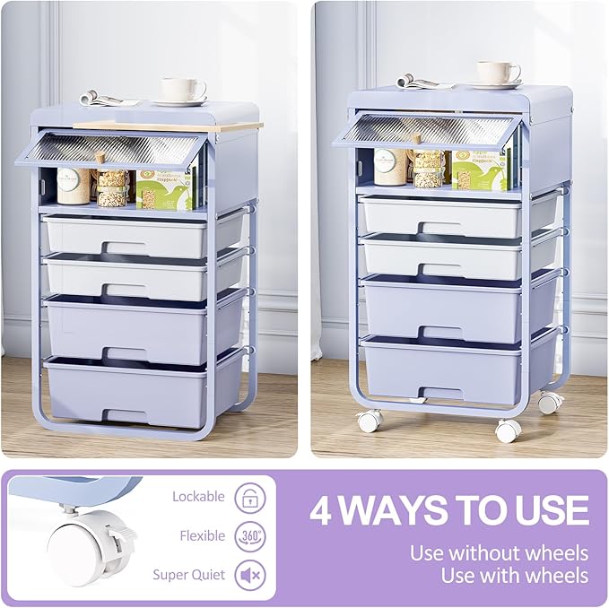 Utility-Rolling-Storage-Drawer-Craft-Cart-Organizers with 4 Drawers & Dust-Proof Door for Kid Craft Art Room,Bedroom,Home Office, Lavender Purple-Velvo Beauty
