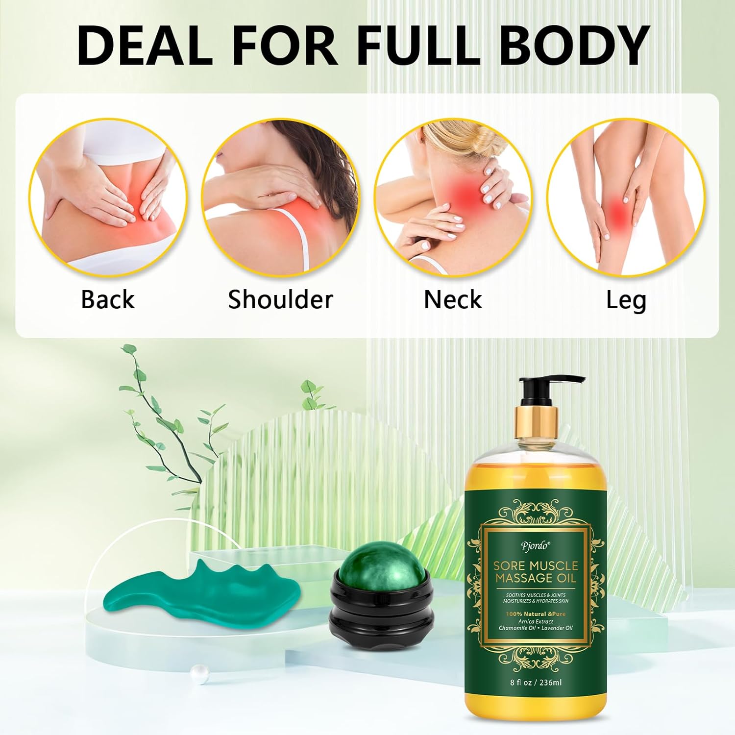 Sore Muscle Massage Oil for Massage Therapy, with Massage Roller Ball & Thumb Saver Massager, Body Massage Oil for Muscle Relaxing, Soothes Joints & Muscles with Arnica, Lavender Oil(8 Fl Oz)-Velvo Beauty