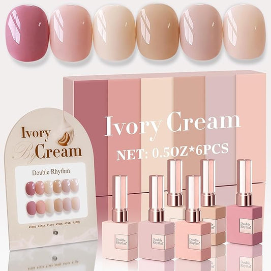 Double Rhythm 6 Pcs 15 ML Gel Polish Set Same Color Same Bottle Soak Off Gel Polish Kit Nail Art Manicure Salon DIY at Home for Women (Light Dark Nude Beige Cream Pink-T6-18)-Velvo Beauty