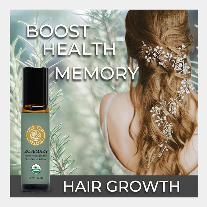 Silk Road Organic Rosemary Essential Oil & Jojoba Roll On, 100% Pure USDA Certified Aromatherapy to Improve Memory & Focus & Hair Health - 10 ml Roller-Velvo Beauty