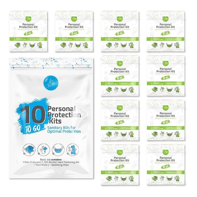 Personal Protection Kit TO GO, Mini 4 Item PPE Kit for travel and school | Includes 1 Each of Face Covering, Gloves, Cleansing Wipes & Hand Cleansing Gel | 10 - Pack (Green)-Velvo Beauty