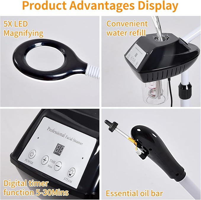 Professional Facial Steamer, 2 in 1 Facial Steamer on Wheels with 5X Magnifying Lamp, Steamer for Face Adjustable Height, Steamer for Facial for Salon, Spa and at Home Use-Velvo Beauty