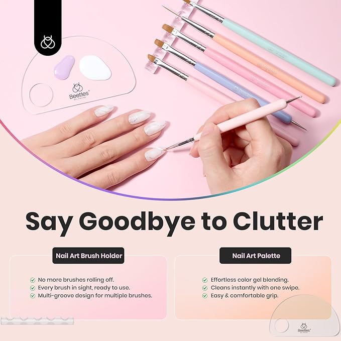 Beetles Nail Art Brushes, 6pcs Nail Art Tool Set, Nail Double-headed Dotting Tools, Striping Nail Art Brushes for Long/Short Lines, Nail Drawing Pen with Nail Brush Holder&Palette For Nail Design-Velvo Beauty