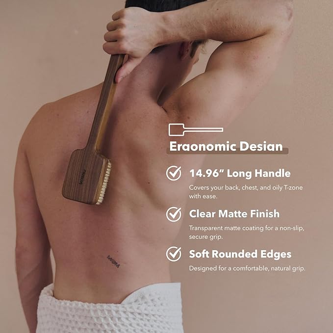 Luxury Natural Walnut Wood Boar Bristle Body Brush | Exfoliating & Detoxifying for All Skin Type | Sweeps Away Dead Skin Cells for Luminous, Smooth Skin | for Wet and Dry Use (Body Brush Set)-Velvo Beauty