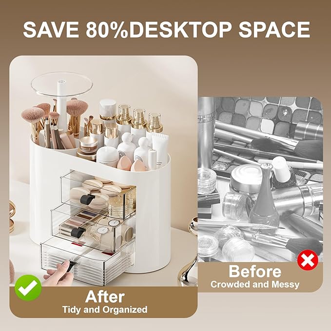 DASITON Makeup Organizer with 3 Drawers,Automatic Lifting Makeup Brush Holder with Lid,Large Capacity Makeup Organizers for Vanity,Bathroom Countertop,Ideal Storage Skin Care,Brushes,Lipstick (White)-Velvo Beauty