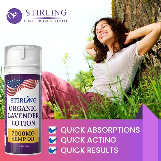 STIRLING Lavender Lotion – Organic Lavender with 2000mg Hemp Oil, Aloe Vera, and Vitamin E – Nourishing and Moisturizing Body Lotion for a Soft and Smooth Feel-Velvo Beauty