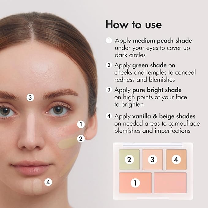 LUNA Conceal Blender Palette 5-in-1 Color Correcting and Concealing Makeup with Beige, Green, Vanila, Medium Peach and Pure Bright Buildable Coverage for Redness, Dark Circles and Blemishes-Velvo Beauty