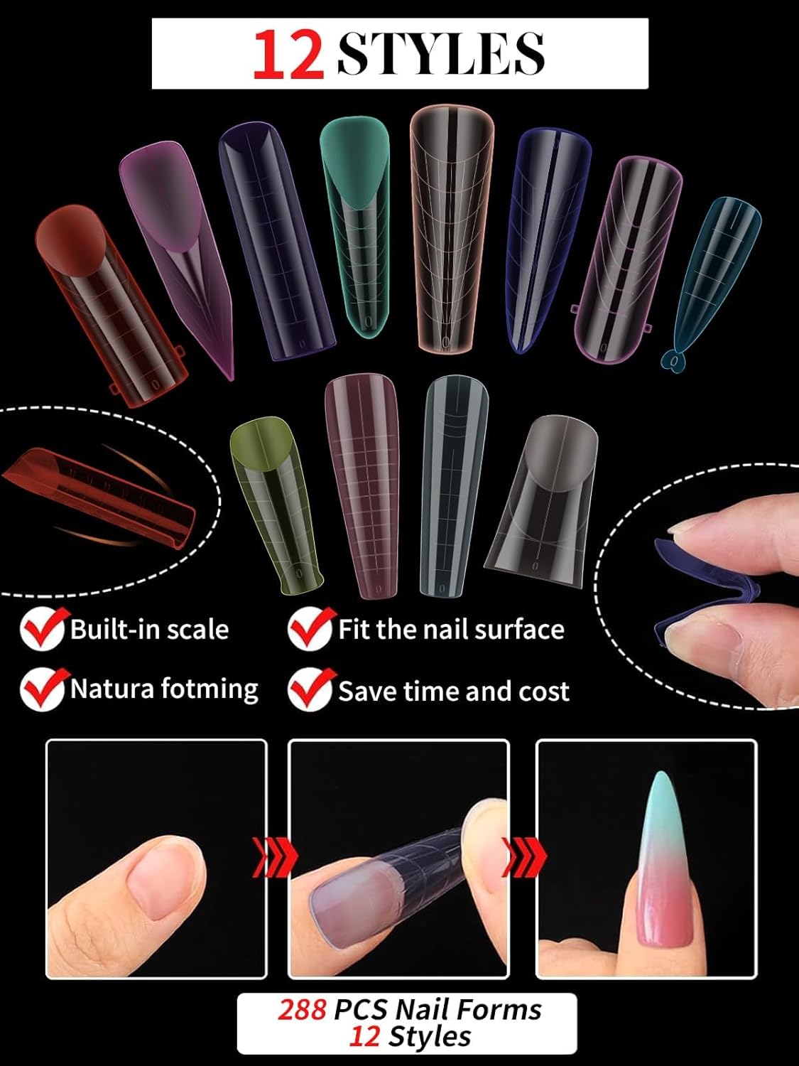 Dual Forms for Poly Nail Gel, 288PCS 12 Colors Dual Nail Forms Extension Molds Stiletto Coffin Square Acrylic Nail Tips 12 Shapes for Builder Gel Manicure Nail Art Design Salon DIY at Home-Velvo Beauty
