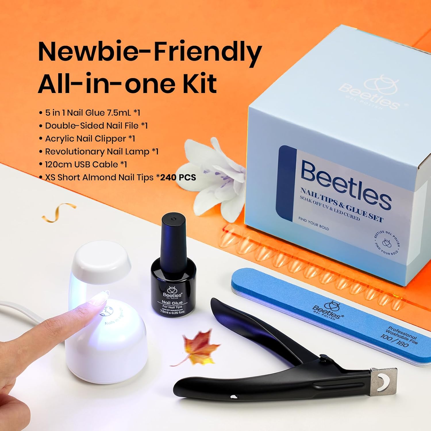 Beetles Gel Nail Kit, Short Almond Nail Tips Easy Extension Set 240 Pcs Pre Shaped Clear Full Cover Fake Nails Tips with 5 In 1 Nail Glue Uv Led Lamp DIY Manicure Gifts for Women-Velvo Beauty