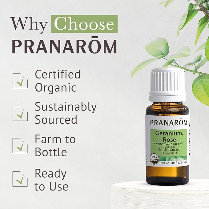 Pranarom USDA Certified Organic Rose Geranium Essential Oil (5ml), 100% Pure Undiluted Therapeutic Grade from Madagascar for Aromatherapy, Diffuser, Skincare, Relaxation, Pure Rose Scent-Velvo Beauty