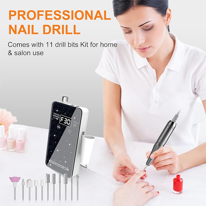 Professional Electric Nail Drill File:COSYGLOW Glitter Portable Cordless E-File Nail Drill Kit with 11 Drill Bits,30000 RPM Rechargeable Nail Drills Machine for Acrylic Nails Gel Polishing(Black)-Velvo Beauty