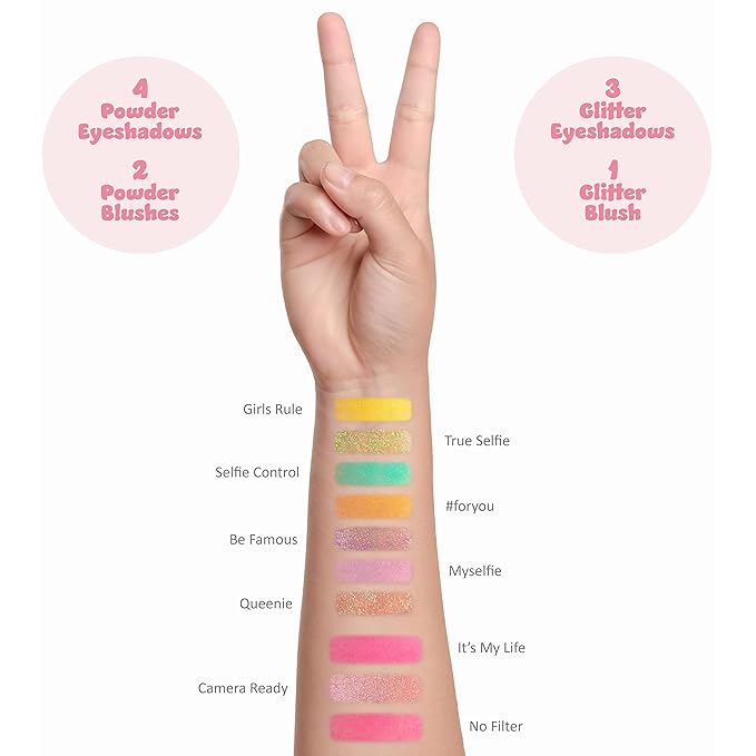 Expressions Selfie Queen Glisten & Glitter Makeup Palette 10 Color Eyeshadow Palette & Blush Makeup Novelty Beauty Set, Fold Out Compact with Mirror, Cute Makeup Kit Gifts - Washable, Non-Toxic-Velvo Beauty