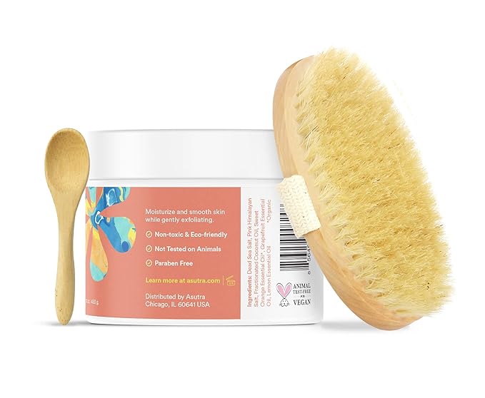 ASUTRA Dead Sea Salt Essential Oil Body Scrub Exfoliator and Dry Brush Bundle (Vitamin C), 16 oz - Ultra Hydrating, Gentle, & Moisturizing - Coconut, Sweet Orange, Grapefruit, and Lemon Oils-Velvo Beauty